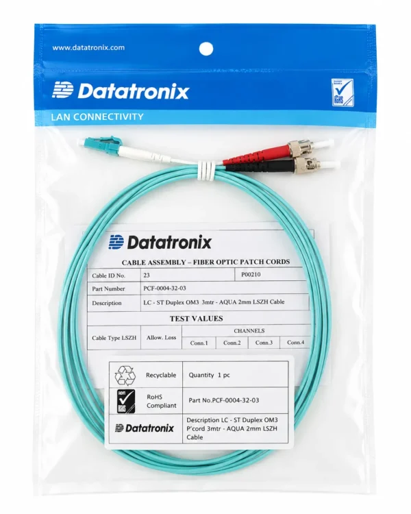 Patch cord dúplex de fibra óptica multimodo OM3 (50/125) de 3 metros de longitud, con conectores LC a ST y chaqueta color aqua. DATATRONIX